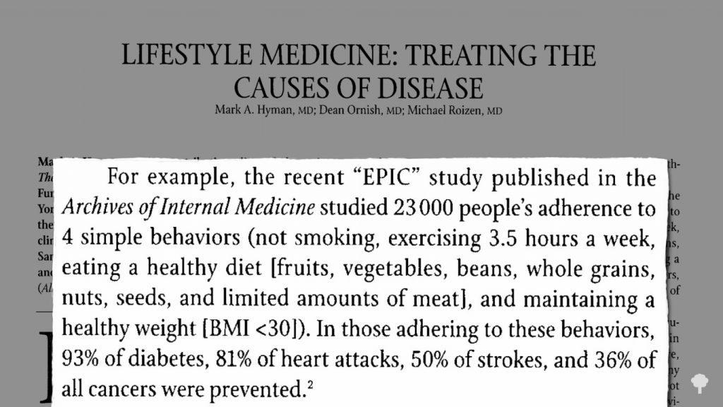 "Lifestyle medicine: treating the causes of disease" avec un extrait sur l'étude EPIC sur la prévention de diabètes, maladie cardiaque, AVC et cancers avec une alimentation saine, de l'exercice physique et ne pas fumer.